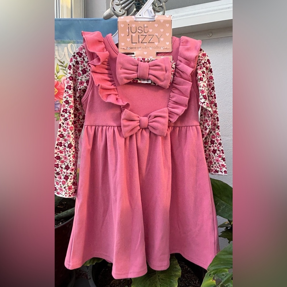 Pink Bow Ruffle Dress with Floral Sleeves
